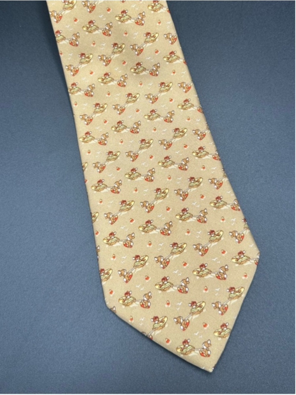 Salvatore Ferragamo Silk Tie Tan Brown Bunnies Driving a Boat Water Skiing - Picture 10 of 15
